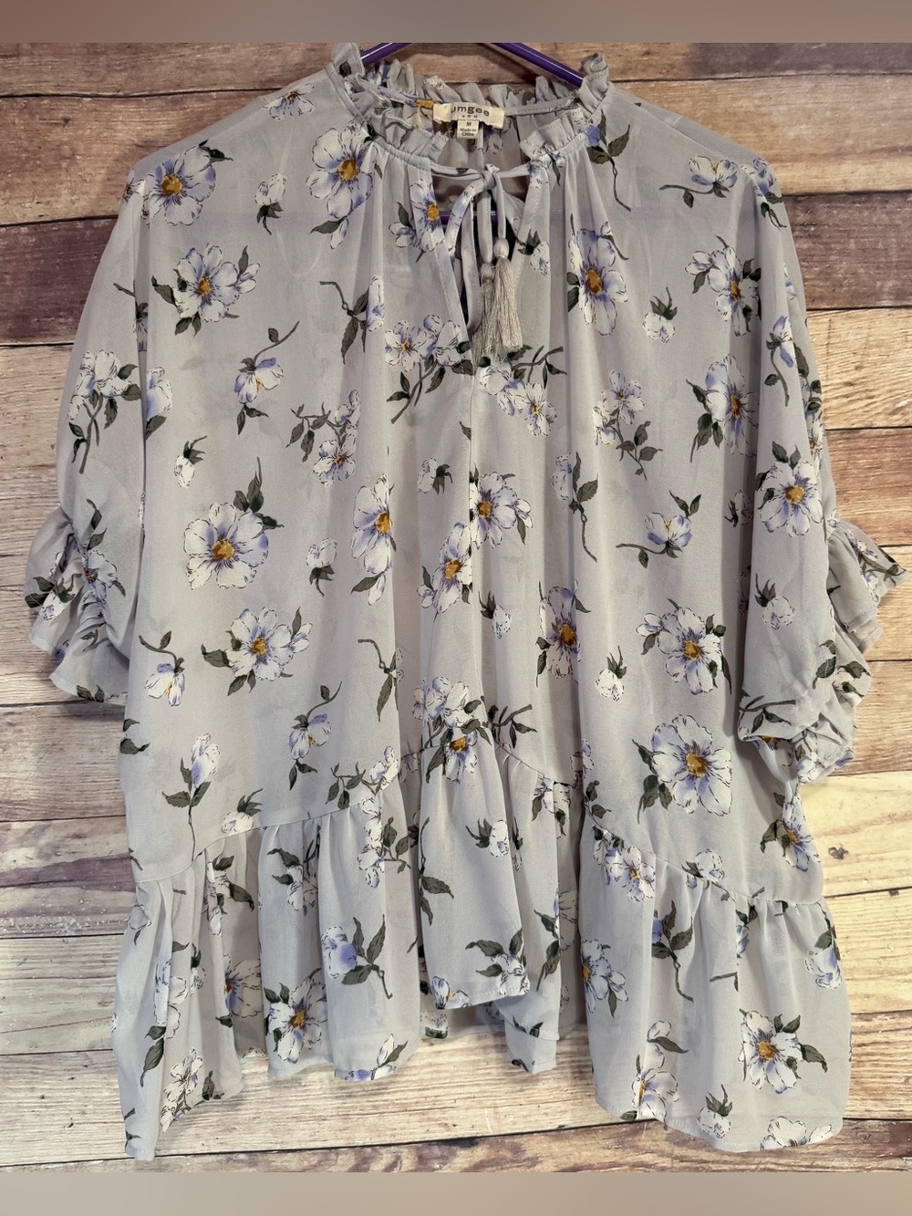 Umgee Light Gray Floral Ruffle Peasant Top
